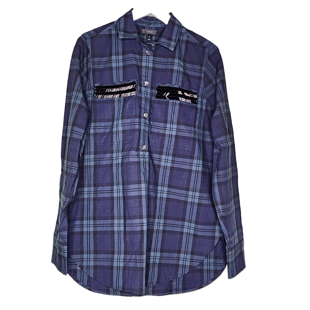 J Crew Plaid Popover‎ Shirt Blue Green Preppy Long Sleeve Beaded Pockets 0
